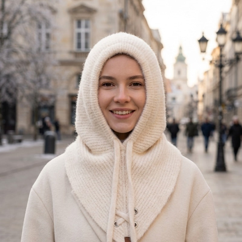 Cagoule Cachemire Beige portée en extérieur