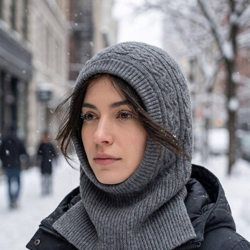 Cagoule Laine Grise portée en extérieur
