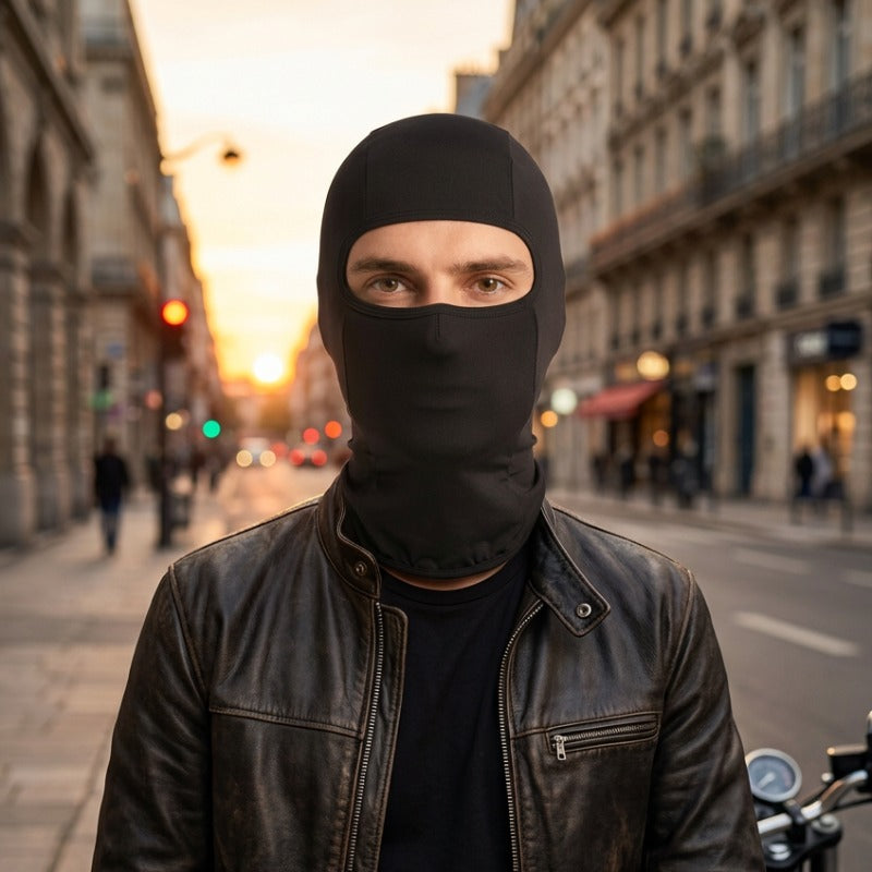 Cagoule Moto Noire portée en extérieur