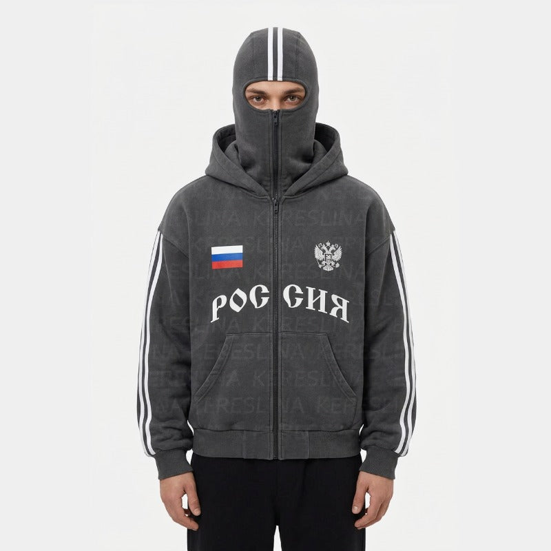Veste Russe Grise portée sur fond blanc