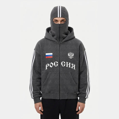 Veste Russe Grise portée sur fond blanc