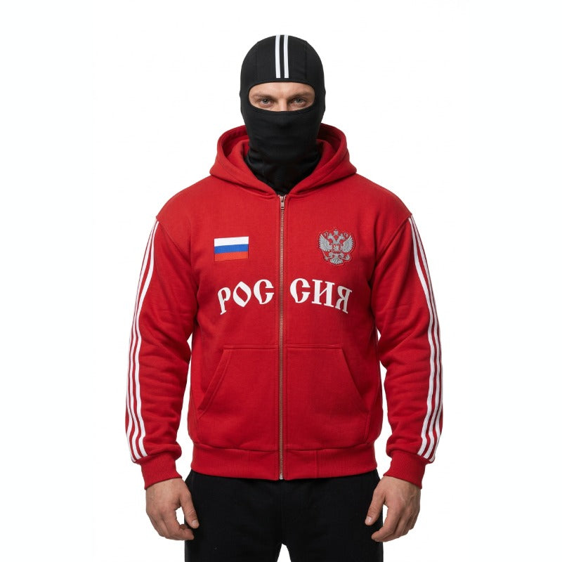 Veste Russe Rouge portée sur fond blanc
